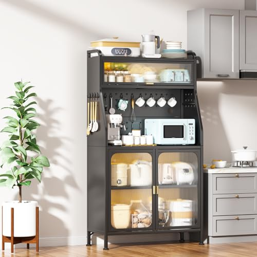 Küchenschrank mit Arbeitsplatte,Buffetschrank mit Verstellbaren Einlegeböden,Hochschrank für Mikrowellen geeignet,Werkzeuglose Installation,Vorratsschrank für Küche,Esszimmer,Wohnzimmer,86×36×160.1cm