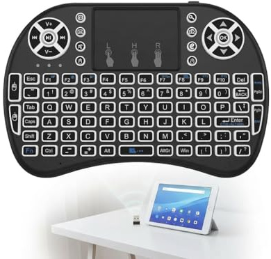 Rivvra Mini Wireless Keyboard with Touchpad, 2.4G Portable Handheld Keyboard with Backlit and Rechargeable Battery for Smart TV, PC, Laptop, Android TV Box, Windows and Media Centers