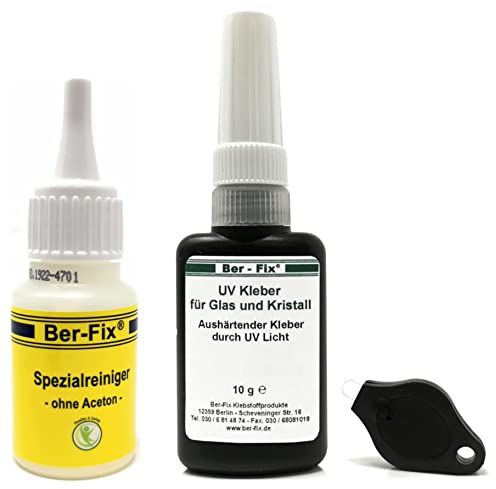 Ber-Fix UV Kleber mit Lampe Set - DER Glaskleber für Glas und Metall - 10g niedrigviskos 50mPas spaltfüllend bis 0,10 mm - UV Lampe klein + Reiniger