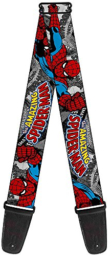 Buckle-Down Gitarrengurt – The Amazing Spiderman – gestapelte Comic-Bücher/Action-Posen – 5,1 cm breit – 73,7–137,2 cm lang