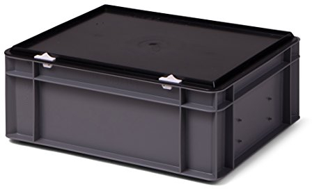 1a-TopStore Kunststoff-Stapelbox/Lagerbehälter, grau, mit Deckel, 400x300x156 mm (LxBxH), stabile Industrie-Ausführung, Stapelkiste Stapelkasten Aufbewahrungsbox