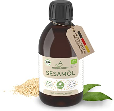 MASSAGE-EXPERT Sesamöl Bio kaltgepresst - Gereiftes Basisöl für Massage, Ayurveda, Hautpflege und Haarpflege [250 ml Flasche mit Spritzeinsatz]