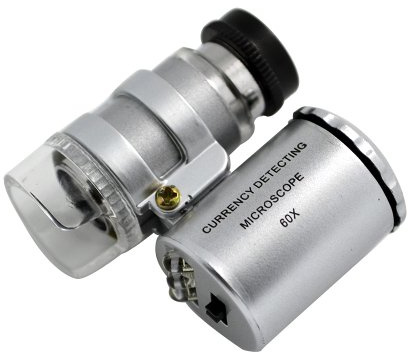 Forrader 9882 Mini 60 x LED-Mikroskop Währung Melder, kompakt, tragbar, Taschenformat-Lupe Eye Objektiv/mit LED-Beleuchtung und Eingabestift, Leder, Schwarz