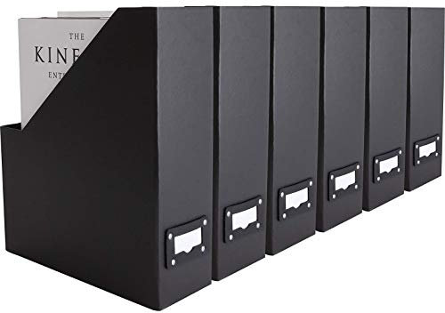Blu Monaco Faltbarer schwarzer Magazin-Aktenhalter mit Leder-Etikettenhalter - Set mit 6 Pappmagazin-Aktenboxen Schreibtisch File Organizer