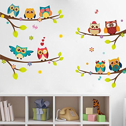 Wandsticker Bunte Eulen Auf Baum Zweige Wandtattoo Bunte Dekorative Abnehmbare DIY Wandaufkleber Wandstickers für Kinderzimmer Wohnzimmer Kinder Schlafzimmer Spielzimmer