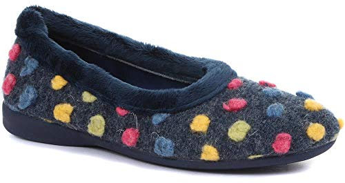 Pavers Ladies Playful Wooly Design Slippers in Navy Multi - Non-Slip Sole - Statement Contrast Pom Poms for Indoor Elegance - Size UK 8 / EU 41