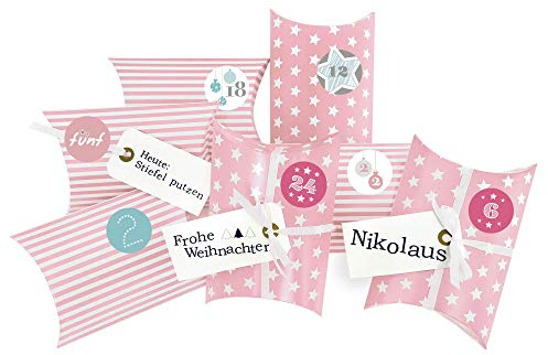 Frau WUNDERVoll® DIY ADVENTSKALENDER CHRISTKIND zum Befüllen, rosa Sterne und Streifen, Ziffern pastell, Kissenschachteln 15x11x4,5cm / Weihnachten, Papiertüten, Kinder, Geschenkbeutel, Aufkleber