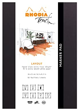 RHODIA TOUCH 116100C - Marker Pad A5+ - 50 Sheets - Clairefontaine Layout Uni White Extra Smooth Paper 100 g/m - for Drawing with Alcohol Marker, Liner Pen, Fountain Pen