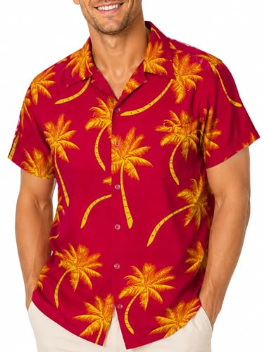 King Kameha Funky-Hawaii-Hemd, Herren, Kurzarm, Palm-Shadow, Rot-Gelb, XXL