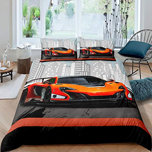 Loussiesd Bettwäsche 2 Teilig 135x200 cm Bettwäsche Set Sportwagen Auto Stadt Modern Bettbezug Set für Kinder Junge Weich Bequem Microfaser Betten Set inkl.1 Kissenbezüge 80x80 cm