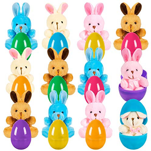 Whaline 24 Stück Ostereier mit Plüschhase Bunte Ostern Eier gefüllt mit Hasen Gefüllte Ostereier Osterkorb Füllstoffe Ostern Kinderspielzeug für Ostern Kinder Geschenke Schule Belohnungen Souvenirs