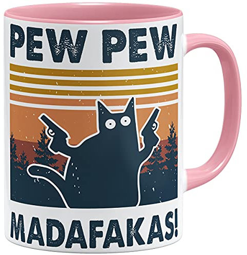 OM3® Pew Pew Madafakas Kaffee-Tasse mit Spruch Statement II - Keramik Becher - 11oz 325ml - Beidseitig Bedruckt - Rosa
