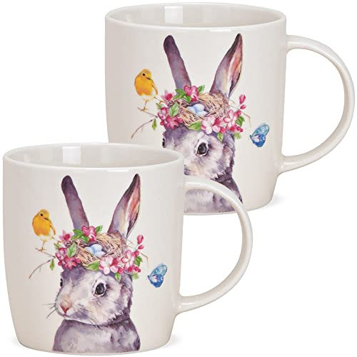 Tassen 2er Set bunt mit Hase Osterhase - Süße Porzellan Kaffeetassen in 350ml für Cappuccino Kaffee Tee - Außergewöhnliche Kaffeebecher spülmaschinenfest und mikrowellengeeignet als Geschenk