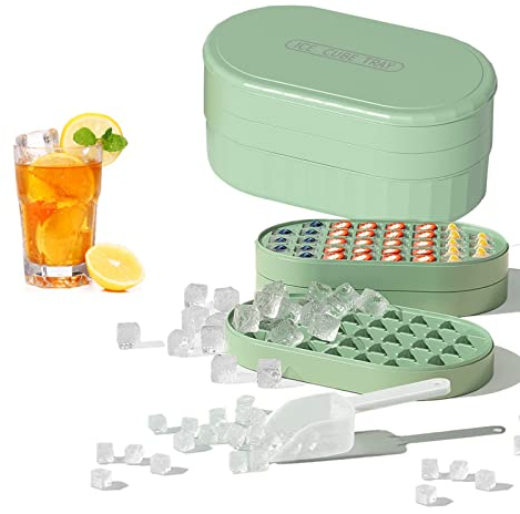 Silicone Ice Cube Tray with Lid and Bin, 72 Moulds, All Cubes Fall Off, Suitable for Drinks (Green)