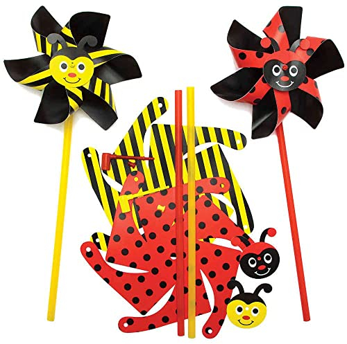 Baker Ross FC785 Bumble Bee and Ladybird Windmill Kits - Pack of 6, Summer Craft Kit, Kids Windmill Spinners, Kids Pinwheel