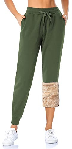 MOVE BEYOND Donna Pantaloni da Jogging in Felpa con Fodera di Sherpa Calda con 2 Tasche Athletic Fleece Pantaloni da Jogging con Coulisse, S, Verde, Fodera in Pile