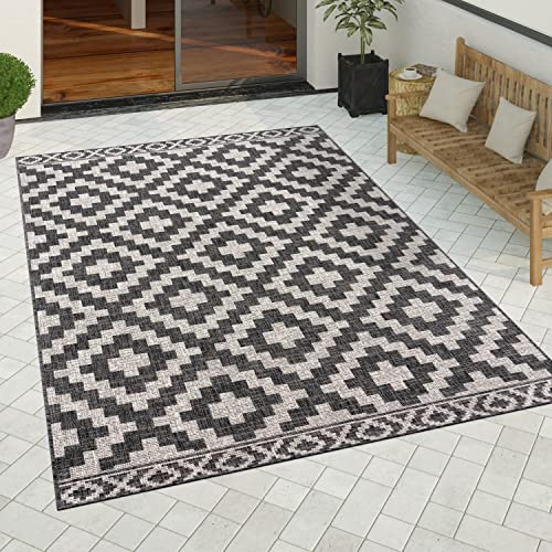 Paco Home Outdoor Teppich wetterfest modernes Boho Skandi Rauten-Muster Robustes Flachgewebe in Sisaloptik pflegeleicht ideal für Balkon, Terrasse & Küche, Grösse:120x160 cm, Farbe:Anthrazit