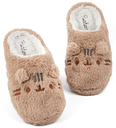 Pusheen Womens Slippers | Adults Teens Grey Nah or Brown Fur Plush Cat Character Design Options | Anime Cartoon Animal Slip On Mules House Shoes