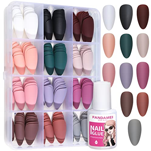 12 Couleurs 288 Pièces Faux Ongles, FANDAMEI Faux Ongles Acrylique pour Nail Art Artificiel Ongles, Colle à ongles, Longueur Moyenne Amande, Surface Mate