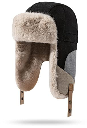Clakllie Baumwolle Wintermütze Trappermütze Bomber Hut,Unisex Winter Warme Schneedichte Fliegermütze mit Kunstpelz Winddichte Kunstfellmütze Ohrenklappen für Skifahren,Schlittschuhlaufen Erwachsenen