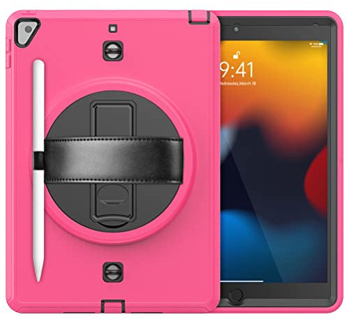 Funda para iPad 7/8/9 Gen (2019/2020/2021) de 10.2 Pulgadas y Air 3 Gen (2019) de 10.5 Pulgadas con Soporte Giratorio de 360° con Correa de Mano y Hombro, Negro y Rosa