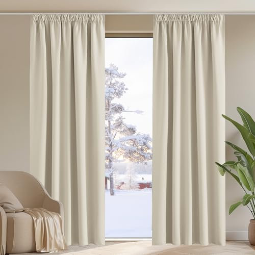 PONY DANCE Thermal Curtains for Bedroom - Light Beige Pencil Pleat Blackout Linen Curtains Light Beige Privacy Protected Windproof Drapes for Kids Boys Girls Nursery, W90 X L90, 2 Panels