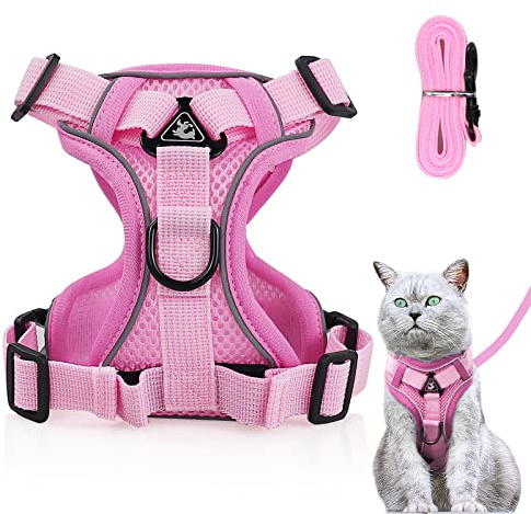 Cat Harness and Lead Set, Adjustable Kitten Harness and Lead Set with Reflective Strips Escape-Proof, Cat Vest Harness with Leash Sets for Cats Dogs Pets Walking (Light pink, M)