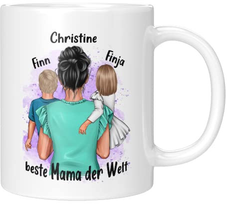 TassenTicker - Personalisierte Tasse - Mama - Tochter - Sohn - Muttertag - Muttertagsgeschenk - Geburtstag - Beste Mama - Geschenk - Mamaspruch (2 Kinder Weiss)
