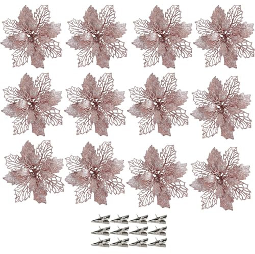 SECALIFE 12 Pcs Christmas Flowers Large (16CM) Poinsettia Christmas Glitter Flower Artificial Flowers with Clips for Christmas Tree Wreath Hanging Party Xmas DIY Decor, Rose Gold