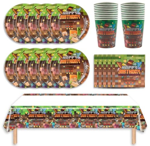 Spiel Partygeschirr Set, 41Pcs Braun Spiel Party Geschirr Geburtstagsdeko, Videospiele Besteck Kindergeburtstag, Pappteller Serviette Becher Teller Tischdecke für Kindergeburtstag Party Supplies