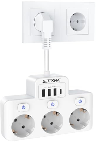 Regletas Enchufes con Interruptor, Ladron Enchufes USB C Enchufe Multiple Adaptador con 3 Tomas y 4 USB, 3 Interruptor Independiente Alargador Enchufe Pared 5cm Cable Corto, Blanco
