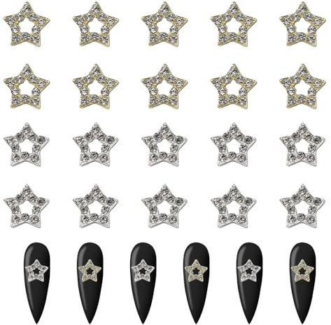 Star Nail Charms,20PCS Shiny Hollow Five Pointed Star Nail Gems,Gold Silver Nail Charms Alloy Nail Decorations for Nail Designs Nail Accessories DIY