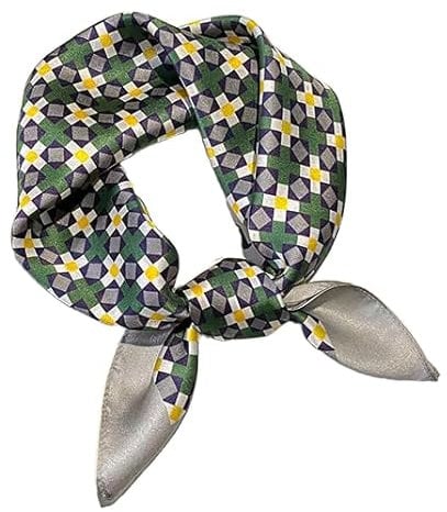 GIMIRO Schal aus imitierter Seide [53 x 53cm] Quadratische Schals Impressionismus-Muster Vintage-Schal für Büroarbeit oder lässigen Bund (60# G01 Gray/Green/Navy/White Plaid Flower)