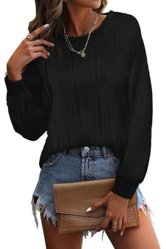 Chicrise Pullover Damen Rundhalausschnitt Langarm Wellig Strukturiert Sweatshirt Locker Modern 2024 Schwarz Groß 42-44
