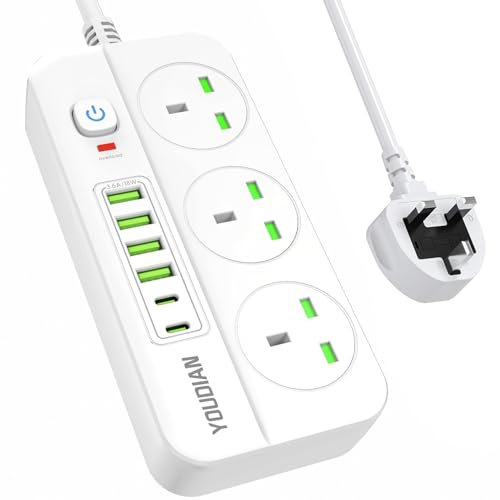 Extension Lead with USB Slots,3 Way Sockets Outlets with 2 USB-C Ports and 4 USB-A Ports,2M Extension Cable with Switch Surge Protected Power Strips,UK Multi Plug Desktop Power Extension Socket