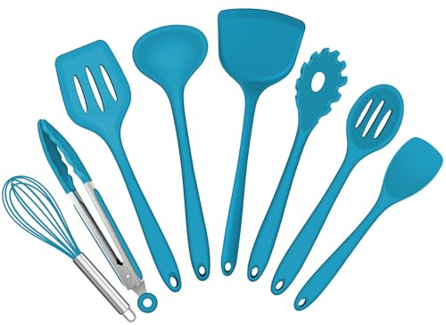 HaWare Küchenhelfer Set, 8 Stück Silikon Küchenutensilien Kochutensilien, Hitzebeständiger Kochgeschirr Kochbesteck Set zum Kochen Backen, Gesund & Antihaft, Spülmaschinenfest - Blau