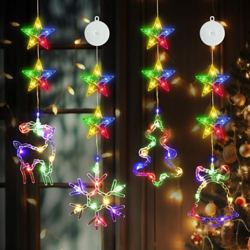 JORETLE 4er Set LED Fenster weihnachtsbeleuchtung, 8 x LED Stern +4 x LEDs Weihnachtselemente,Weihnachtsdeko Bunte,Batteriebetrieben,Für Weihnachten Deko, Geburtstag