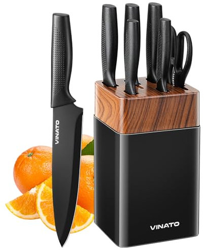 VINATO Messerblock Set, 7 Teiliges Messerset mit Block und Integriertem Messerschärfer