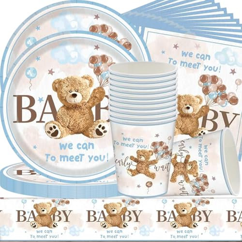 61 Pièces Ours Vaisselle Anniversaire, Ours Thème Party Vaisselle, Vaisselles Papier pour 20 Invités Tasses Serviettes de Table Nappe de Table, pour Anniversaire Décoration de Fête