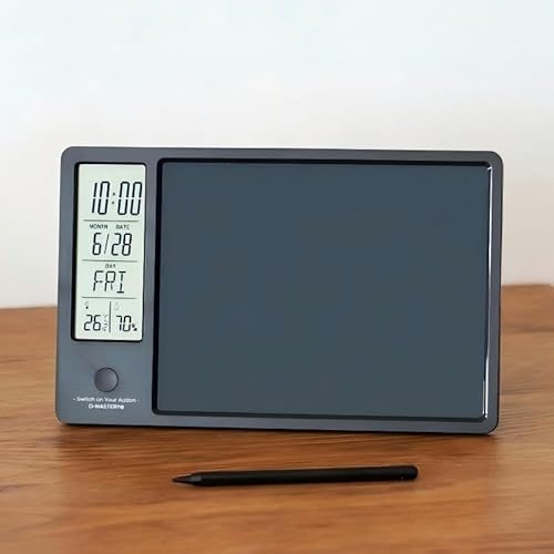 Rechargeable LCD Memo Pad Desk Calendar with Alarm Thermometer Black | All in one LCD writing tablet digital desk calendar alarm temp humidity monitor rechargeable magnetic pen stand