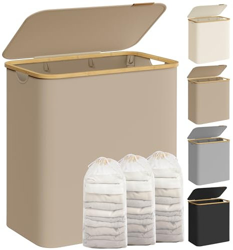 SONGMICS Wäschekorb mit Deckel, Wäschesammler mit 3 Fächern, 150 L, herausnehmbarer Wäschesack, Oxford-Gewebe, Griffe aus Bambus, zusammenklappbar, 60 x 38,5 x 70,5 cm, kamelbraun LCB515N02
