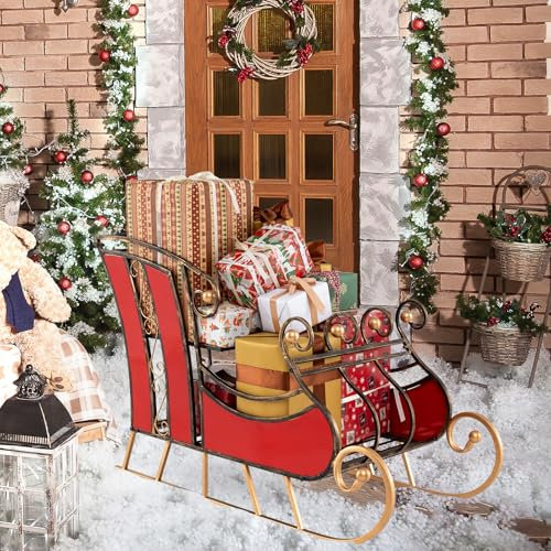 GOPLUS Weihnachtsschlitten deko, 93cm lang Santaschlitten aus Metall mit 2 Ebenen, Metallschlitten Weihnachtsdeko, Weihnachtsdekoration für Zuhause Innen Außen