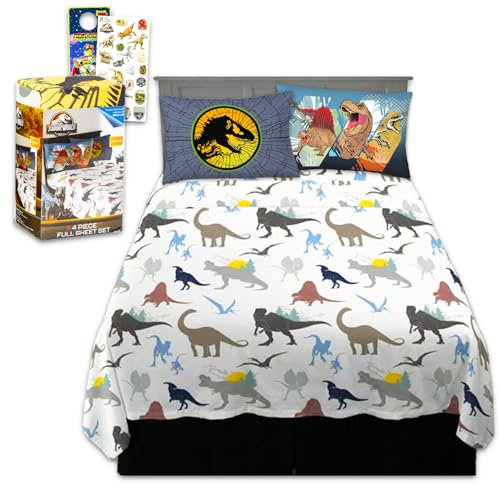 Jurassic World Bettwäsche-Set in voller Größe – Set mit Dinosaurier-Bettlaken, Spannbetttuch und Kissenbezügen für Doppelbett plus Aufklebern | Jurassic World Bettwäsche für Jungen