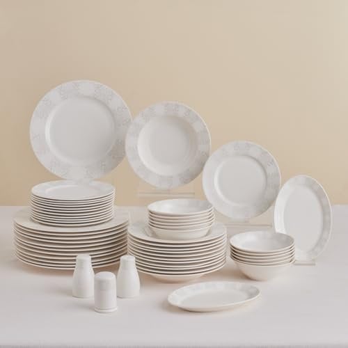 Karaca New Olio White Dinnerware Sets, Modern Kitchen Dinner Set for 12 People, Bone China Plates and Bowls Sets, Durable & Elegant, 53-Piece