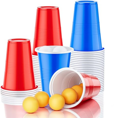 Urtioty Bierpong Becher Set, Beer Pong Becher Enthält 50 Becher und 12 Tischtennisbälle, 500ML Beerpongbecher Partybecher für Party Trinkspiele Weihnachten Camping Geburtstag Hochzeit