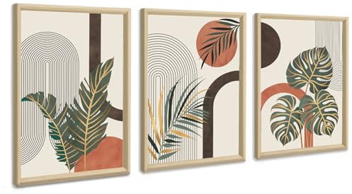 3Pcs Feuilles Botaniques Orange Nordique Tableau Décoration Murale Salon,Ligne géométrique du milieu du siècle Impression sur Toile Boho Peintures sur Toile Décor Murale pour Chambre Maison 30x40cmx3