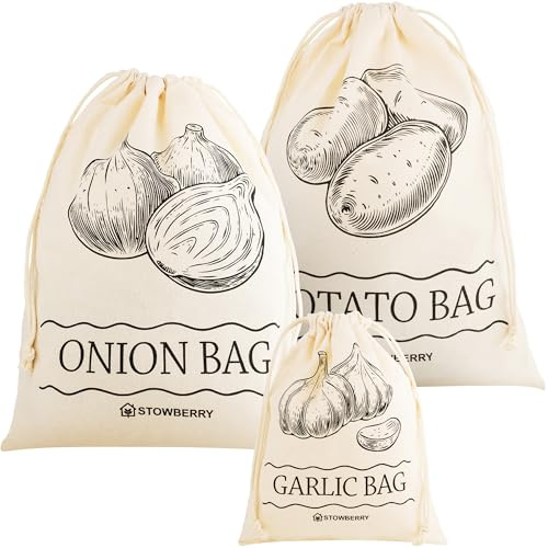 STOWBERRY Vegetable Storage Bags Set of 3 – Reusable Eco-Friendly Cotton Bags for Potato, Onion & Garlic with Drawstring Closure, Breathable & Durable Vegetable Storage for Kitchen Organisation