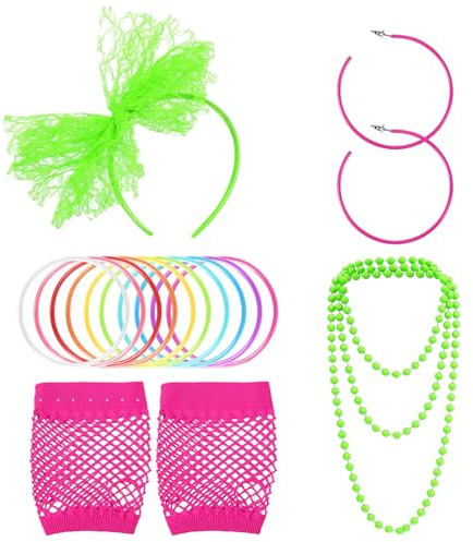 80er Jahre Kostüm Zubehör Set für Damen, 90er Jahre Outfit Accessoires mit Haarreif, Netzhandschuhe, Neon Armband, Ohrringe, Halskette für Karneval Fasching Disco Kleidung Retro Hippie Punk Party (B)