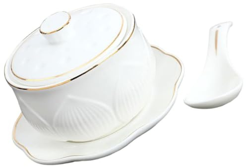 Luxshiny Set 1 Ciotola in Ceramica con Coperchio e Cucchiaio, Zuppiera Leggera ed Elegante per Cucina e Campeggio, per Zuppa e Stufati, Colore Bianco