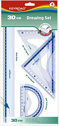 KEYROAD Geometrie-Set Mathematik-Set 4-teilig: 1x Lineal 30cm, 1x 18 cm Zeichen-Dreieck, 1x 10 cm Winkelmesser/Loch zum Aufhängen/Eurolochung/Farbe: Transparent